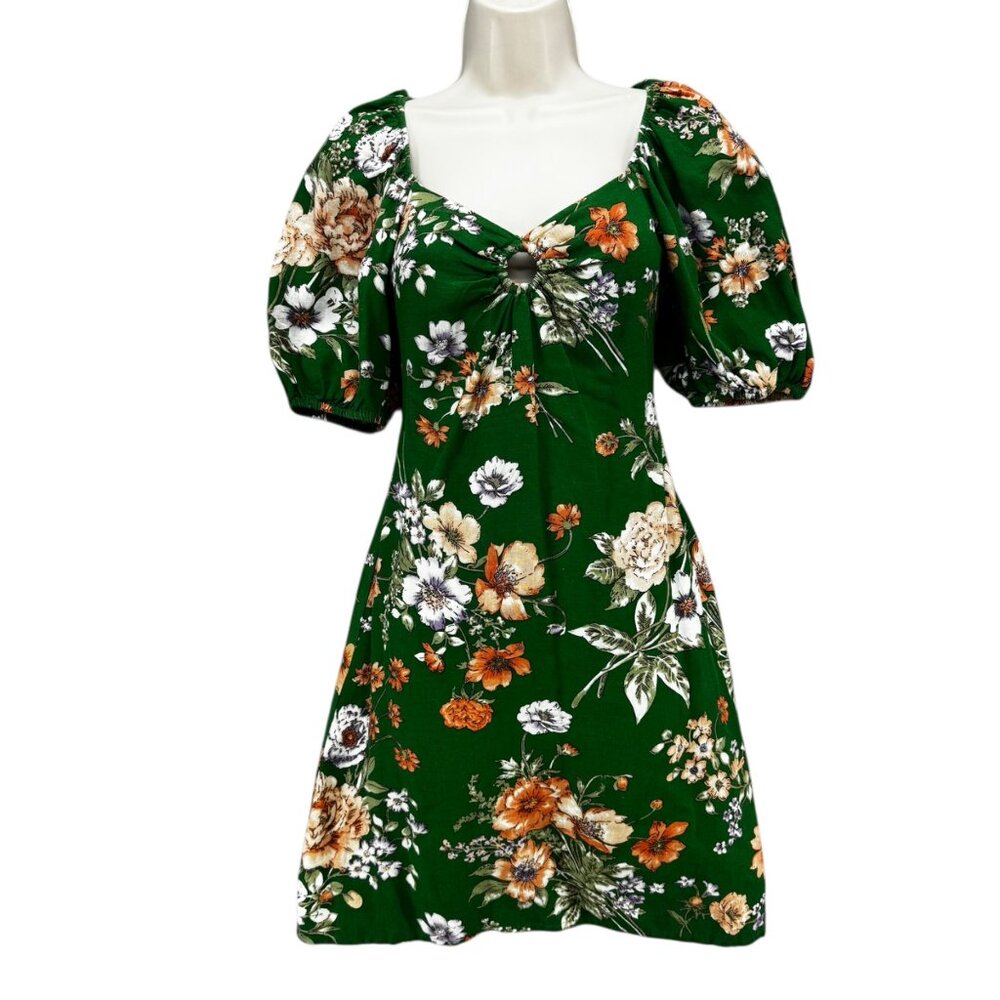 Sim & Sam Floral Mini Dress Green Multi Smocked Short Puff Sleeve Linen Size XS